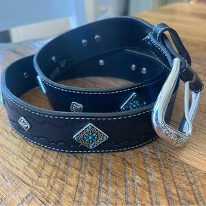 Brighton Black Leather Belt Turquoise Concho Western Silver Buckle B20213 L. 34